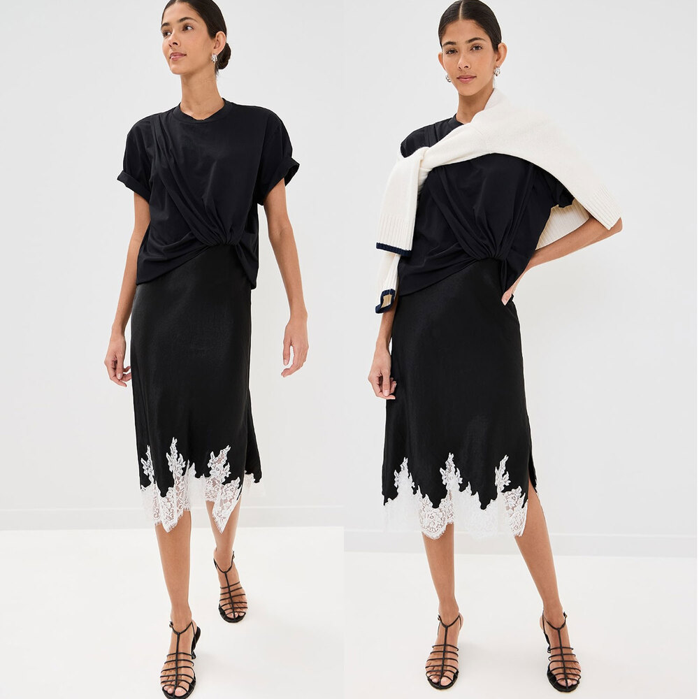 3.1 Phillip Lim Draped T-Shirt Slip Combo Lace Midi Dress Black Size L
